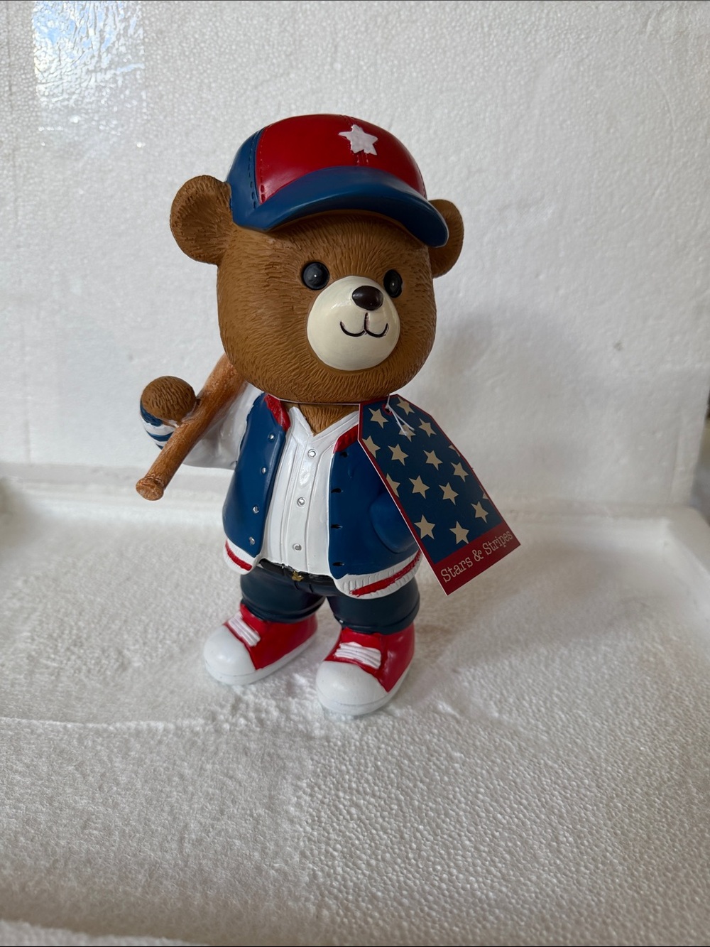 NWT Stars & Stripes Bear Figurine in Red, Blue & White baseball 10 inch